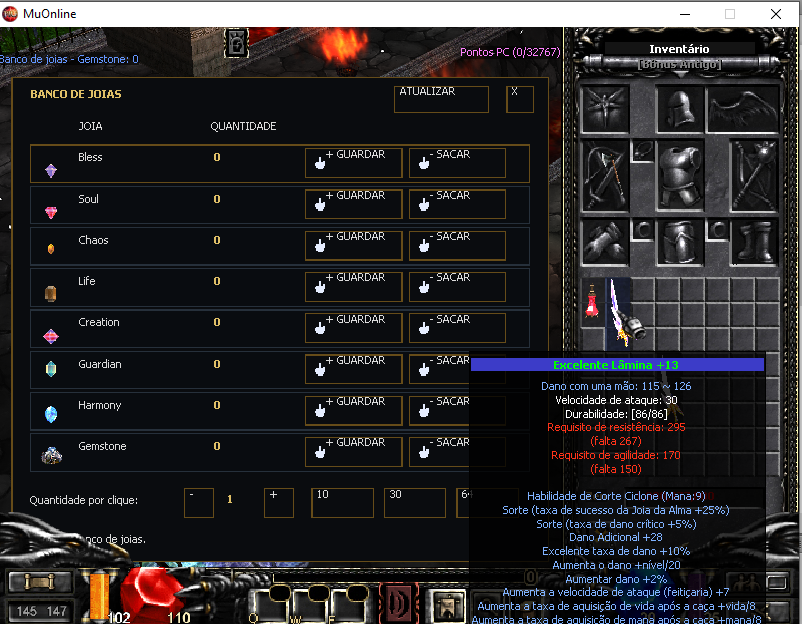 Interface do banco de joias InGame do MU Server Season 3 Episode 2